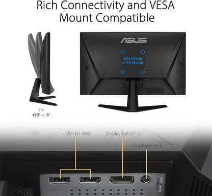 ASUS TUF Gaming 23.8” 1080P Monitor (VG249Q1A) - Full HD, IPS, 165Hz (Supports 144Hz), 1ms, Extreme Low Motion Blur, Speaker, FreeSync Premium, Shadow Boost, VESA Mountable, DisplayPort, HDMI (Certified Refurbished)