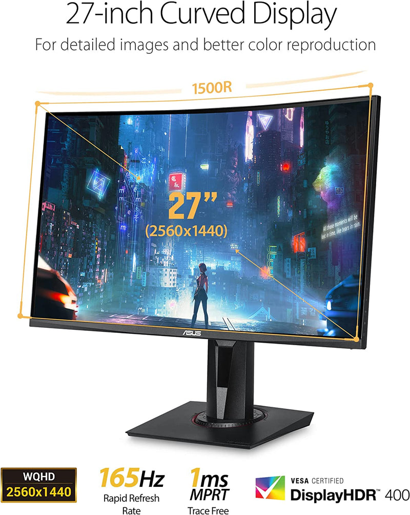 Asus TUF Gaming VG27WQ Curved Gaming Monitor – 27 inch QHD (2560x1440), 165Hz (above 144Hz), Extreme Low Motion Blur™, Adaptive-sync, Freesync™ Premium,1ms (MPRT), DisplayHDR™ 400 (Certified Refurbished)