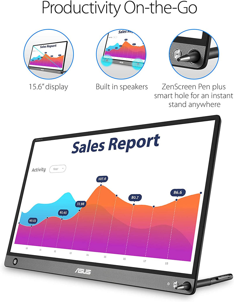 ASUS ZenScreen GO MB16AHP Portable USB Type-C Monitor - 16 inch (15.6 inch viewable), Full HD, Built-in Battery, USB Type-C, Micro-HDMI, Flicker Free, Blue Light Filter (Certified Refurbished)