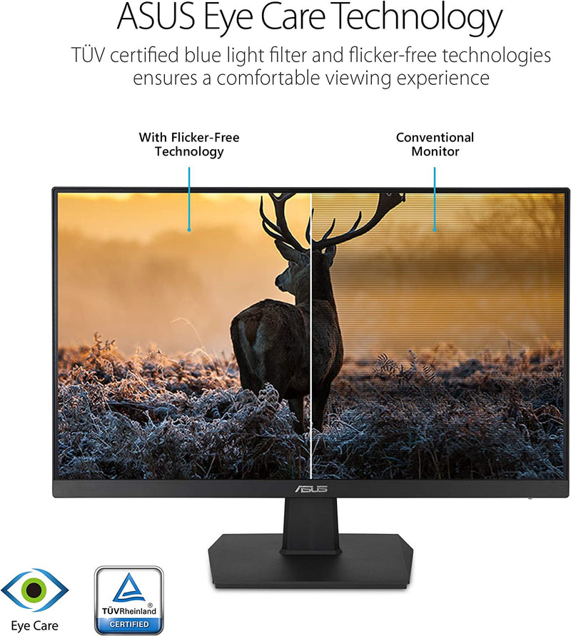 ASUS VA24EHE Eye Care Monitor – 23.8 inch, Full HD, IPS, Frameless, 75Hz, Adaptive-Sync, Low Blue Light, Flicker Free, Wall Mountable