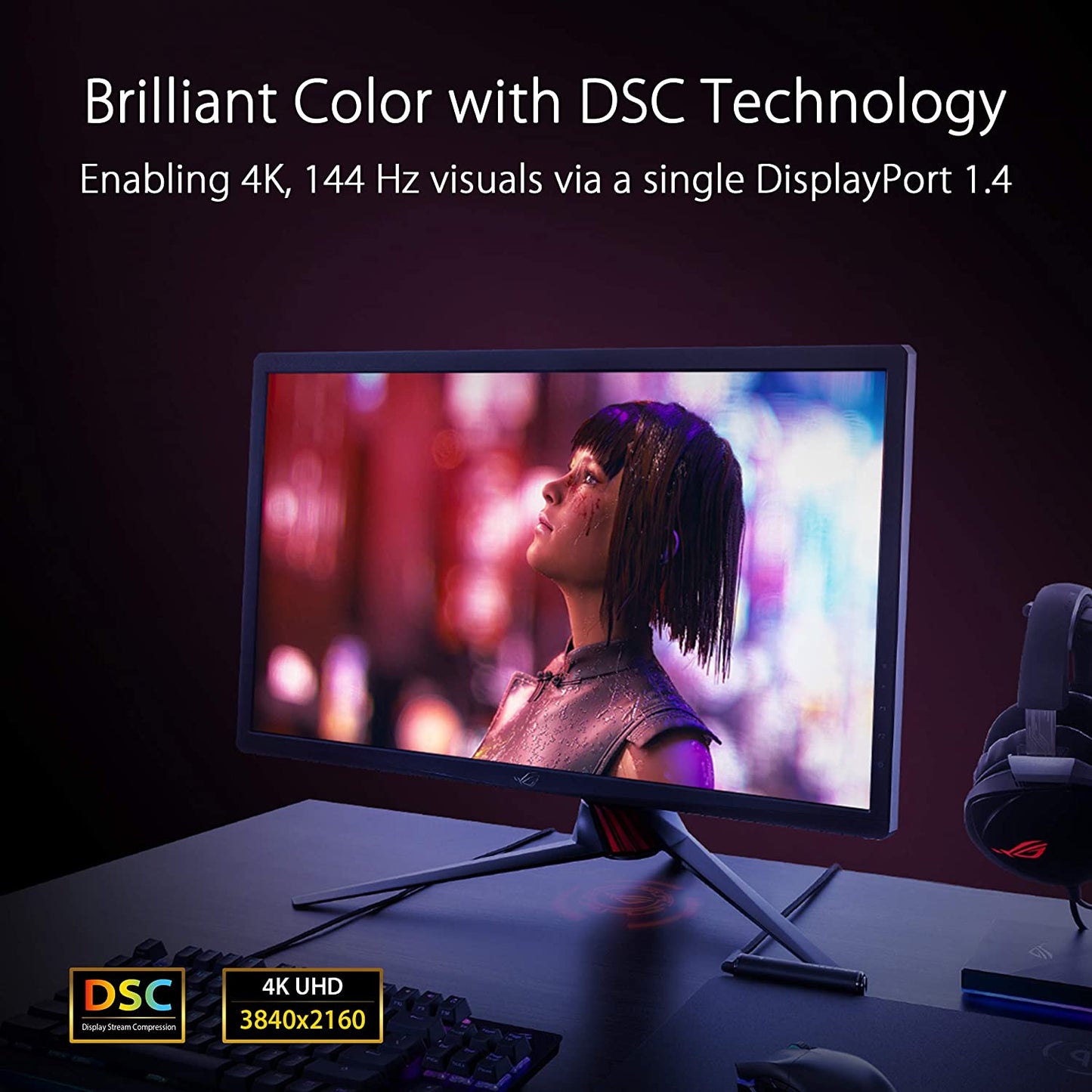 ASUS ROG Strix 27" 4K HDR DSC Gaming Monitor (XG27UQ) - UHD (3840 x 2160), IPS, 144Hz, 1ms, Adaptive-Sync, G-SYNC Compatible, DisplayHDR 400, 90% DCI-P3, Aura Sync, VESA Mountable, DisplayPort, HDMI (Certified Refurbished)