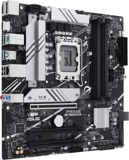 ASUS PRIME B760M-A Intel B760 (LGA 1700) mATX motherboard with PCIe 4.0, DDR5, two M.2 slots, Realtek 2.5Gb Ethernet, DisplPort, Dual HDMI, SATA 6 Gbps, rear USB 3.2 Gen 2, front USB 3.2 Gen 1 Type-C, Aura Sync (Certified Refurbished)