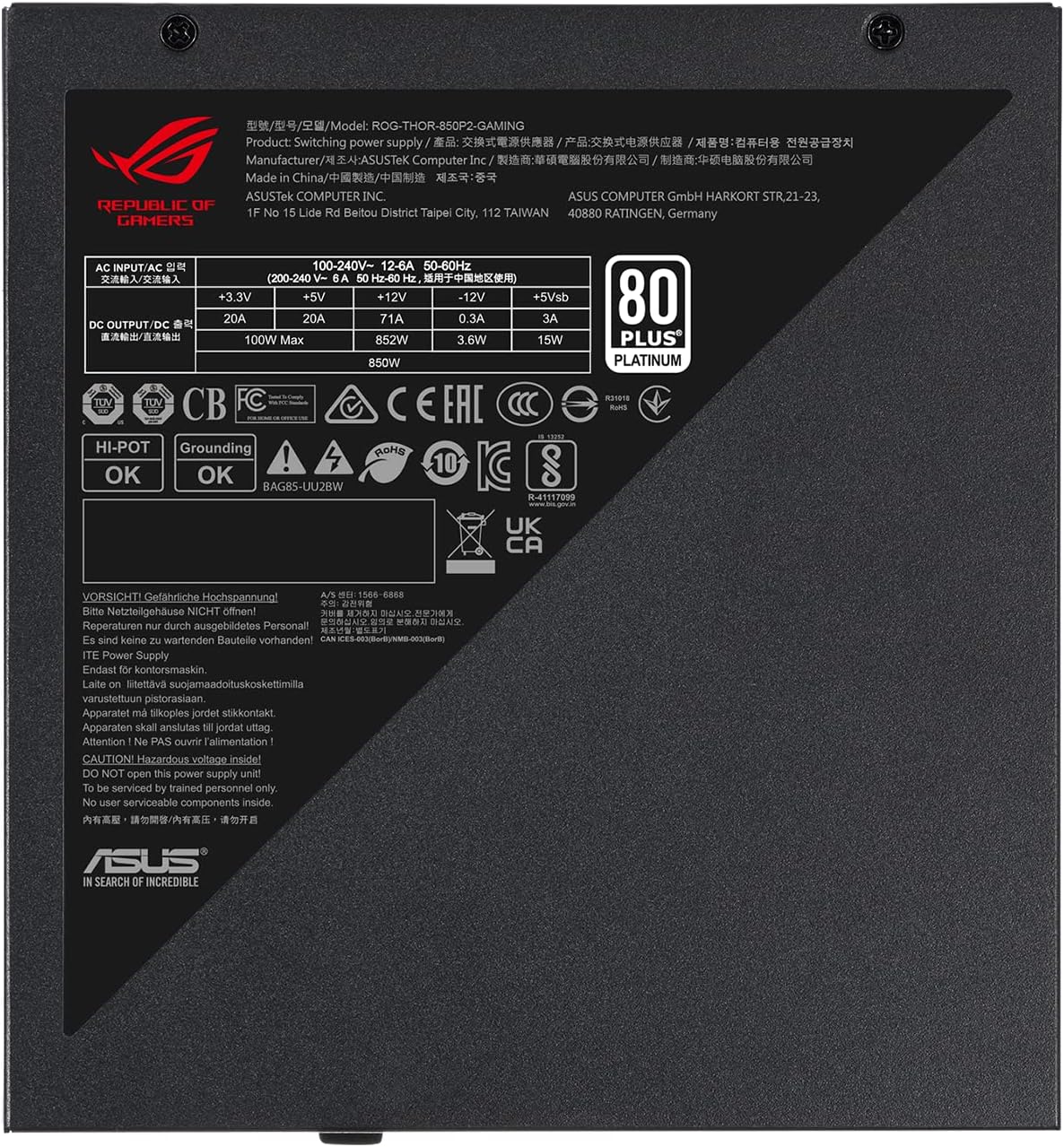 ASUS ROG Thor 850W Platinum II Fully Modular Gaming Power Supply (80 Plus Platinum, OLED Power Display, Aura Sync ARGB, ROG Heatsinks, 0dB Technology, Lambda A++) (Certified Refurbished)