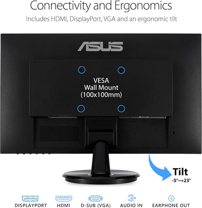 ASUS VA24DQ 23.8” Monitor, 1080P Full HD, 75Hz, IPS, Adaptive-Sync/FreeSync, Eye Care, HDMI DisplayPort VGA, Frameless, VESA Wall Mountable (Certified Refurbished)