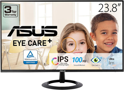 ASUS 24” (23.8-inch viewable) Eye Care Monitor (VZ24EHF) - IPS, Full HD (1920 x 1080), Frameless, 100Hz, Adaptive-Sync, 1ms, HDMI, Low Blue Light, Flicker Free, Ultra-Slim Profile (Certified Refurbished)