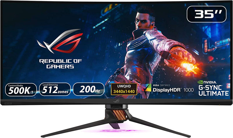 ROG Swift PG35VQ Ultra-Wide HDR Gaming Monitor – 35” 21:9 (3440 x 1440), FALD 512 Zones, Peak Brightness 1000nits, Overclockable 200Hz, 2ms, G-SYNC Ultimate, DisplayHDR1000 (Certified Refurbished)