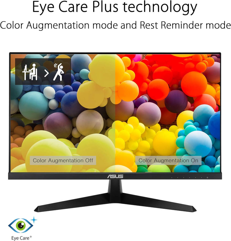 ASUS VY249HE 23.8” Eye Care Monitor, 1080P Full HD, 75Hz, IPS, Adaptive-Sync/FreeSync, Eye Care Plus, Color Augmentation, Rest Reminder, Antibacterial Surface, HDMI VGA, Frameless, VESA Wall Mountable (Certified Refurbished)