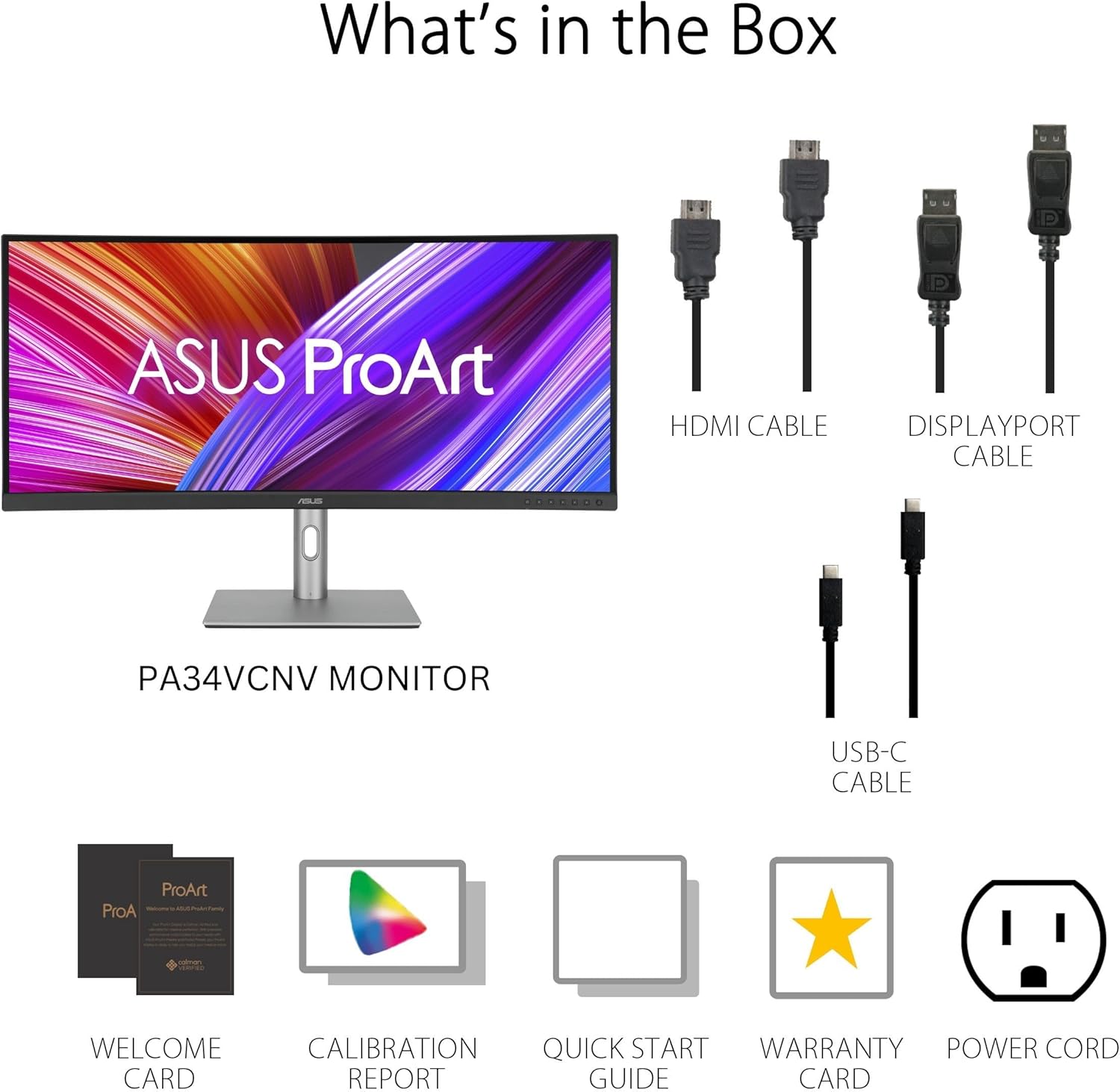 ASUS ProArt Display 34” Ultrawide Curved Professional HDR Monitor (PA34VCNV) - IPS, 21:9 3440 x 1440, 3800R Curve, 100% sRGB/Rec709, ΔE<2, Calman Verified, USB-C Docking PD 96W, RJ45(Certified Refurbished)