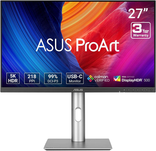 ASUS ProArt Display 27” 5K HDR Professional Monitor (PA27JCV) - 5K (5120 x 2880), IPS, 99% DCI-P3, 100% sRGB, ΔE < 2, USB-C PD 96W, Calman Verified, Color Accurate, Auto KVM, LuxPixel (Certified Refurbished)