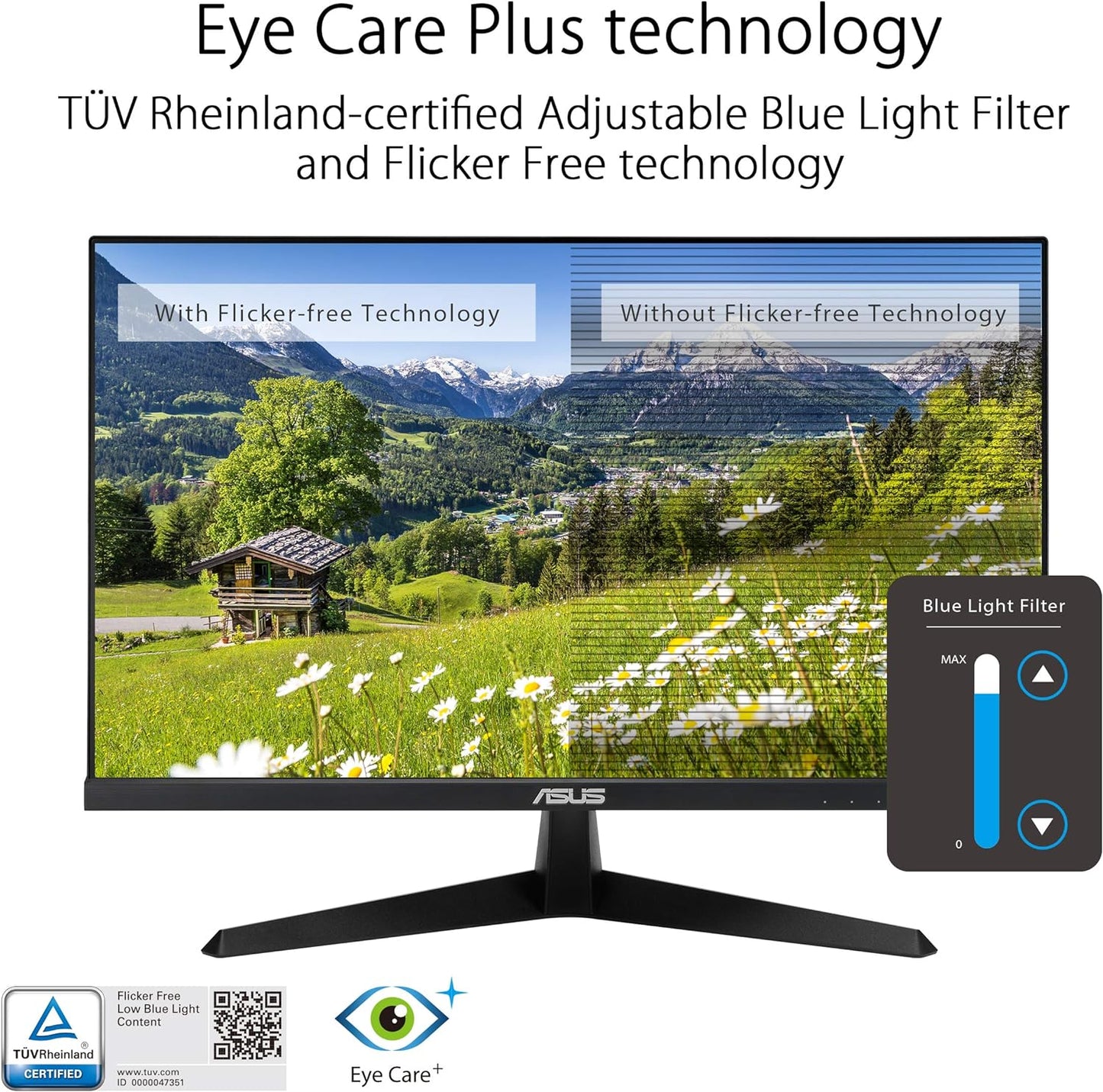 ASUS VY249HE 23.8” Eye Care Monitor, 1080P Full HD, 75Hz, IPS, Adaptive-Sync/FreeSync, Eye Care Plus, Color Augmentation, Rest Reminder, Antibacterial Surface, HDMI VGA, Frameless, VESA Wall Mountable (Certified Refurbished)