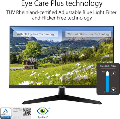 ASUS VY249HE 23.8” Eye Care Monitor, 1080P Full HD, 75Hz, IPS, Adaptive-Sync/FreeSync, Eye Care Plus, Color Augmentation, Rest Reminder, Antibacterial Surface, HDMI VGA, Frameless, VESA Wall Mountable (Certified Refurbished)