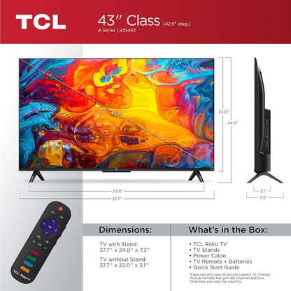 TCL 43" Class 4-Series 4K UHD HDR Smart Roku TV – 43S455-CA (Refurbished)
