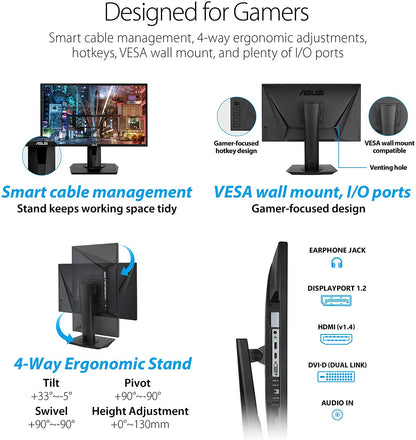 ASUS VG248QG Gaming Monitor - 24”, Full HD, 0.5ms*, 165Hz(overclockable),G-SYNC Compatible, Adaptive-Sync (Certified Refurbished)